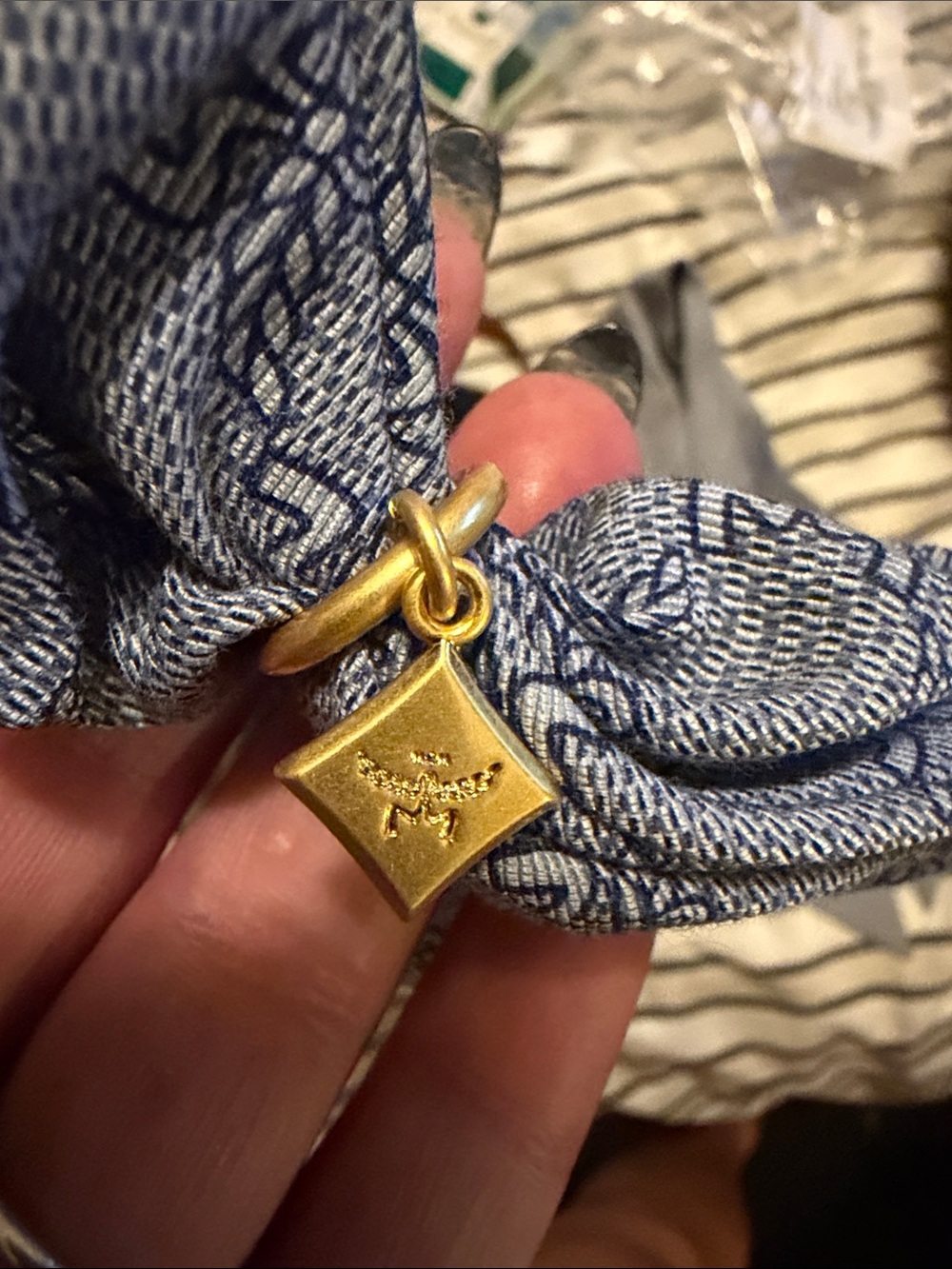MCM Light Blue Monogram Scarf and Scrunchie Set with Gold Charm - Picture 5 of 7